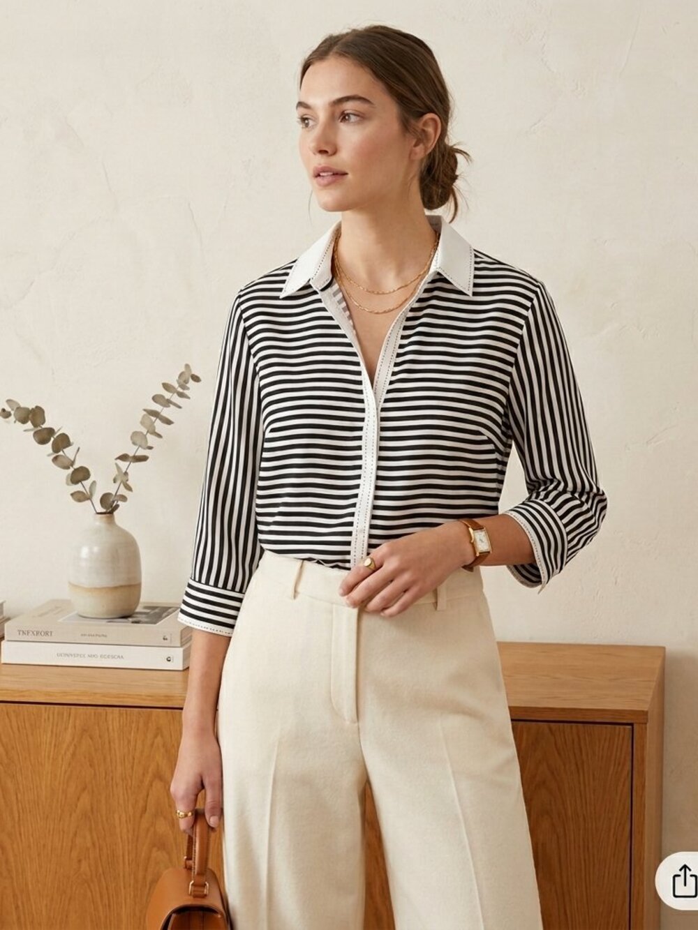 Foxcroft Black & White Striped Button-Up Blouse Elegant 'Quiet Luxury' Style 18